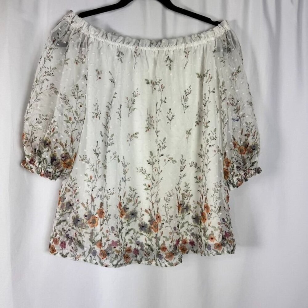 Orchid Haze White Swiss Dot Floral Off Shoulder Blouse 3/4 Sleeve Lined Torso L